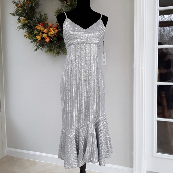 SAYLOR Peggie Silver Sequins Midi Dress Size L - Picture 1 of 7